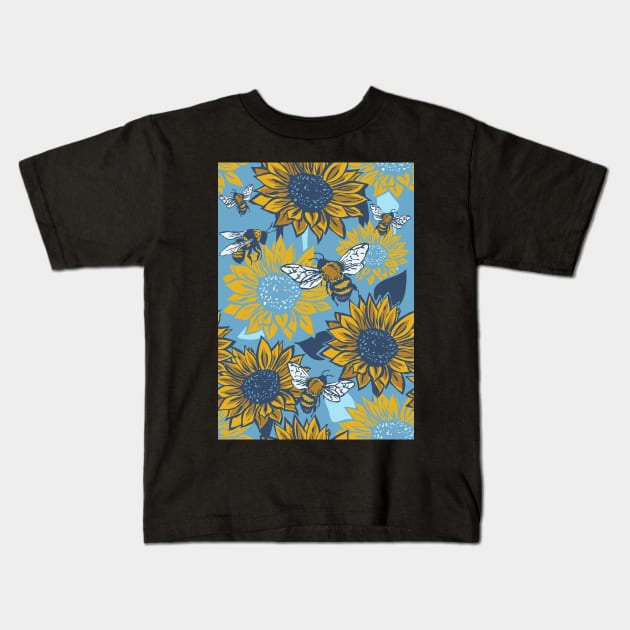 Sunflowers and Busy Bees Linoprint pattern Kids T-Shirt by NattyDesigns